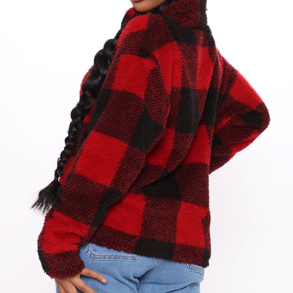 Fashion nova Plaid The Game Sherpa Pullover - Red/combo - Picture 3 of 7